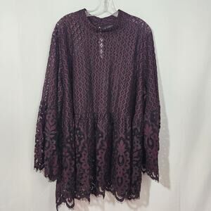 Lane Bryant maroon & black full lace flared long sleeves tunic top woman size 28